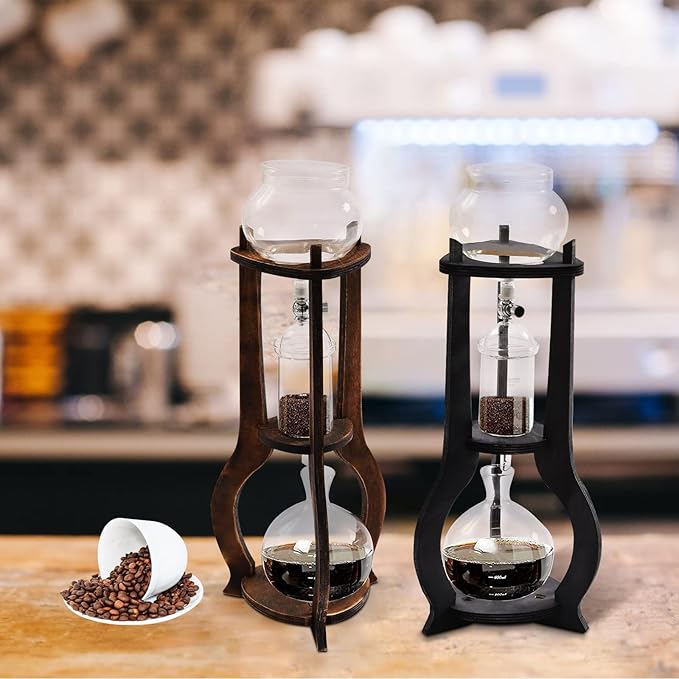 Iced Coffee Cold Brew Drip Tower Coffee Maker, Wooden Ice Coffee Machine, Stainless Steel and Borosilicate Glass, Long Neck Sharing Pot, with Measuring Spoon (Grey)