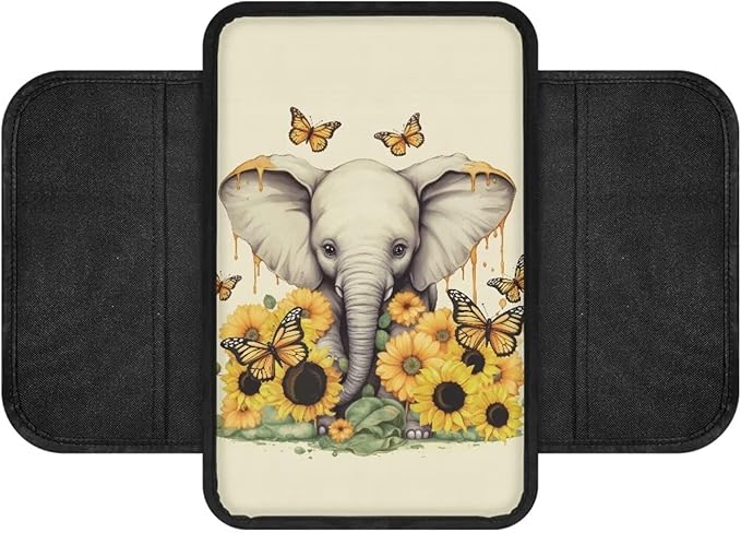 BIGCARJOB Cute Elephant Car Armrest Storage Box for Center Console,Universal Center Console Armrest Pads for Truck Cars Interior Accessories Sunflower Print Car Armrest Seat Box Cover