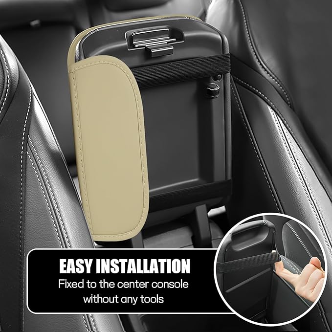 Car Center Console Cover, Leather Auto Armrest Cover Protector, Waterproof Armrest Center Console Pad with 2 Storage Bags, Universal Armrest Seat Box Pad for Vehicle SUV Truck (Beige)