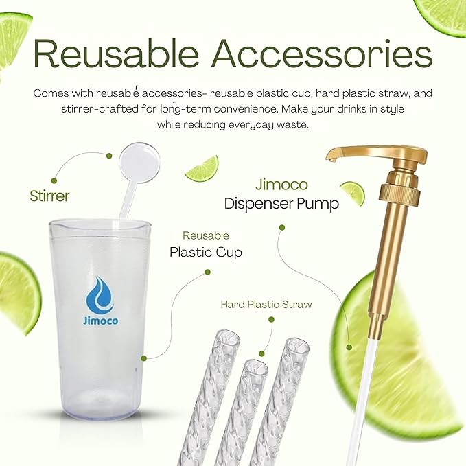 Jimoco Barista Set – Torani Lime Syrup 25.4 oz, Jimoco Pump, Reusable Cup, Straw & Stirrer – Coffee, Italian Soda & Cocktail Flavoring Kit