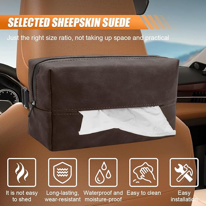 Car Tissue Holder, Rectangular Tissues Box Cover, Back Seat Tissue Dispenser for Tissues, Car Napkin Holder with Elastic Band, Fits for Storage & Organizer (Brown)