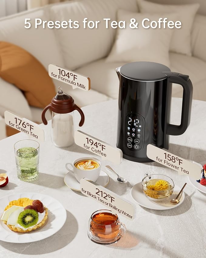 Electric Kettle with Temperature Control, 1.7L Stainless Steel Hot Water Kettle, 5 Presets for Tea & Coffee, 2H Keep Warm, Fast Boil, Auto Shut-Off & Boil-Dry Protection, Cordless Tea Kettle, Black