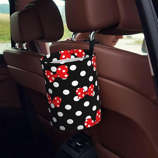 Cute Red Bow Polka Dot Car Trash Can Garbage Cans Foldable,Small Hanging Car Organizer Storage Bag Leak Proof, Auto Back Seat Trash Bin Universal for Truck, SUV, Outdoor Travel