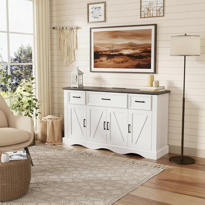 56" Modern Farmhouse Sideboard Buffet Cabinet with 4 Doors and 3 Drawers, Coffee Bar with Charging Station & Adjustable Shelves, Large Kitchen Storage for Hallway, Entryway, Living Room, White