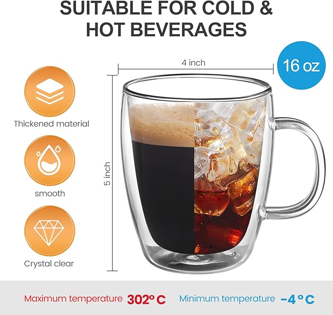 YUNCANG Double Wall Insulated Coffee Mugs, 16 Ounces - Clear Glass, Cappuccino & Latte Cups, Heat Resistant