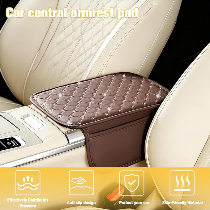 Car Center Console Cover, Leather Vehicle Armrest Storage Box Protector with 2 Storage Bags, Automotive Interior Middle Console Cushion Pad, Universal for SUV Sedan Truck (Coffee)
