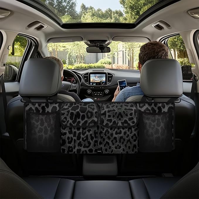Black Leopard Backseat Trunck Organizer Waterproof Trunk Organizer for SUV Hanging Automotive Accessories with Buckle Strapes & 4 Pockets Car Storage Bag for SUV Sedan for Men Travel