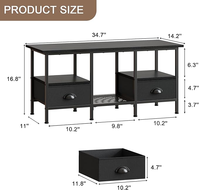 Furologee 35" Coffee Table with 2 Storage Drawers, Small Coffee Tables for Living Room, Modern Center Table with 2 Tier Shelf, Black