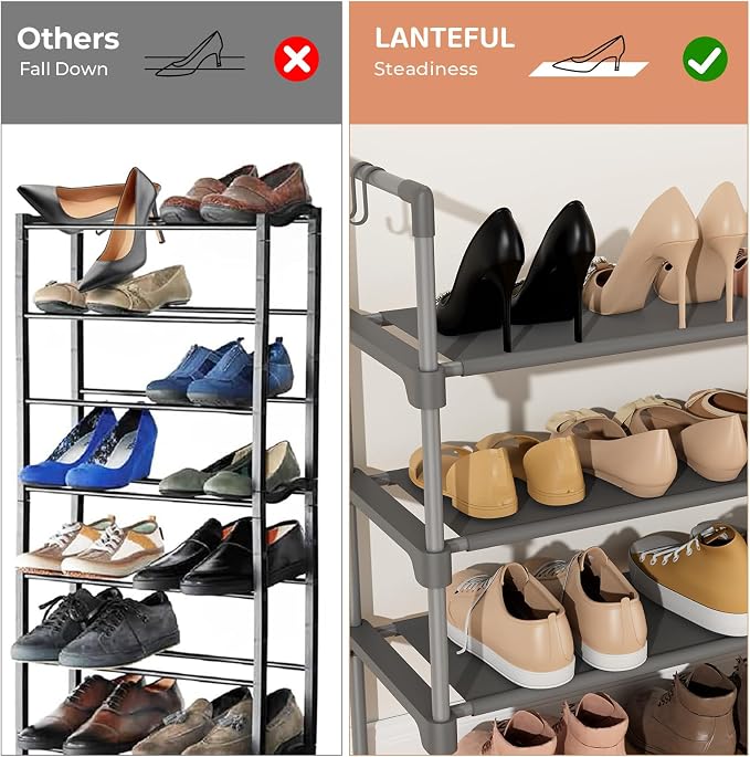 LANTEFUL 3 Tier Shoe Rack for Closet, Shoe Organizer with 5 Hooks, Long Shoe Shelf Storage for Shoe and Boot Stackable Free Standing Shoe Rack for Entryway, Garage, Small Spaces, Dorm, Grey