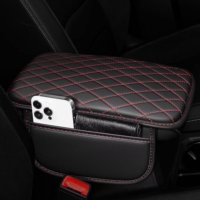 YORKNEIC Center Console Cover Fit for Ford Explorer: Middle Console Cover with 2 Storage Pocket,Faux Leather Waterproof Anti-Scratch Car Armrest Cover Protector(Black&Redline)
