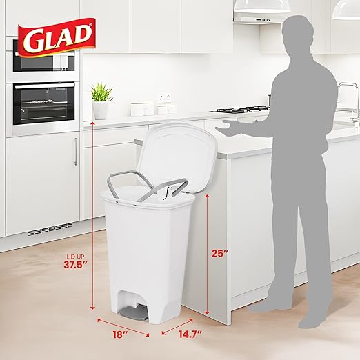 Glad 13 Gallon Trash Can with Clorox Odor Protection | Plastic Kitchen Waste Bin | Hands Free with Step On Foot Pedal and Garbage Bag Rings, White