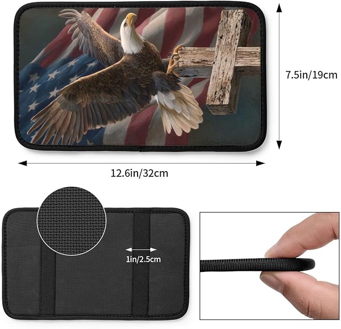 American Flag Jesus Cross Eagle Center Console Cover Pad, Car Armrest Seat Box Cover Cushion Universal for Most Vehicle SUV Truck, Car Interior Accessories Decor, Protect from Pet Claws & Dirt