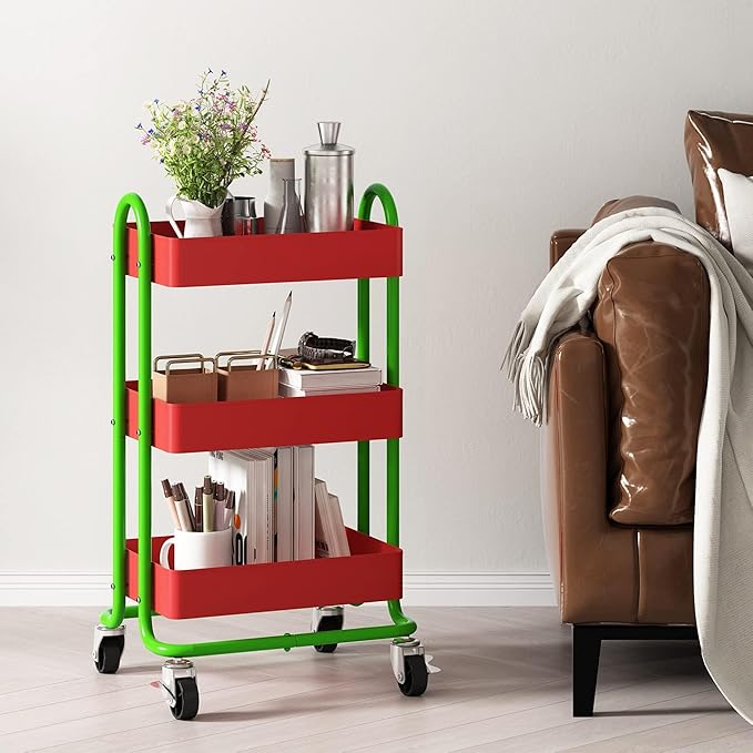 3-Tier Utility Rolling Cart,Kitchen Storage Carts with Wheels,Metal Rolling Cart for Office,Home,Kitchen,Garden（13.4"x18.1"x31"） Red+Green