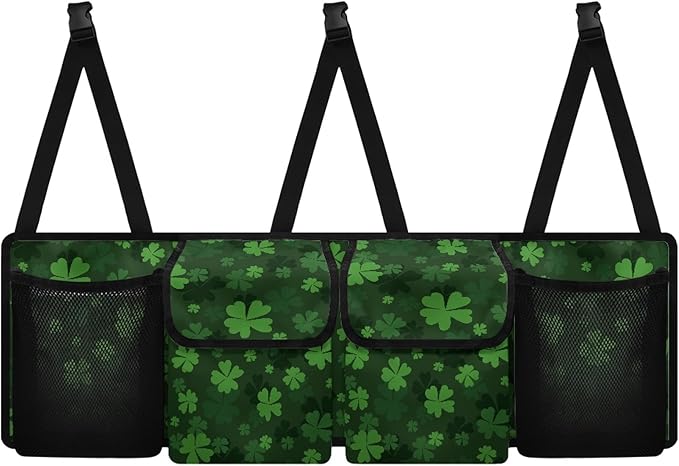 CLOHOMIN St. Patrick's Day Car Trunk Organizer SUV Trunk Organizer Green Leaf Car Backseat Storage Bag with 4 Pockets Hanging Backseat Organizer with Adjustable Straps Auto Accessories