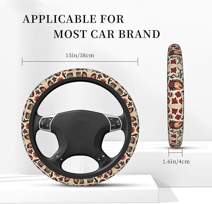 America Traditional Tattoo Car Steering Wheel Cover, 15 Inch Steering Wheel Cover Stylish Decor for Most Cars