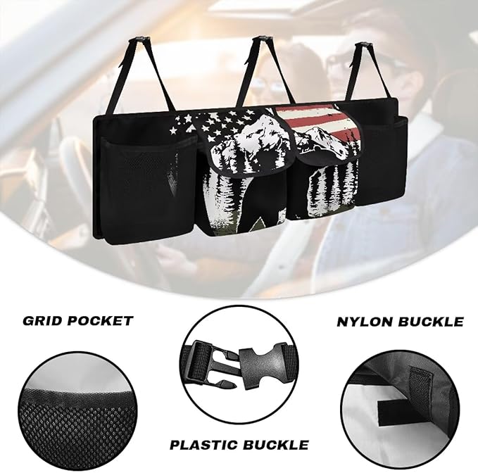 American Flag Bear Car Trunk Organizer, Large Capacity Auto Backseat Hanging Organizer, Thick Backseat Storage Bag with 2 Pockets, 2 Mesh Pockets, Car Trunk Tidy Storage Bag with Lids