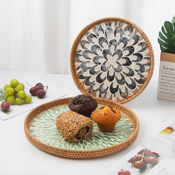 Round Rattan Tray with Mother of Pearl Inlay, Decorative Wicker Serving Tray with Wooden Base, Woven Basket Trays for Bread Fruits Coffee, Leaf