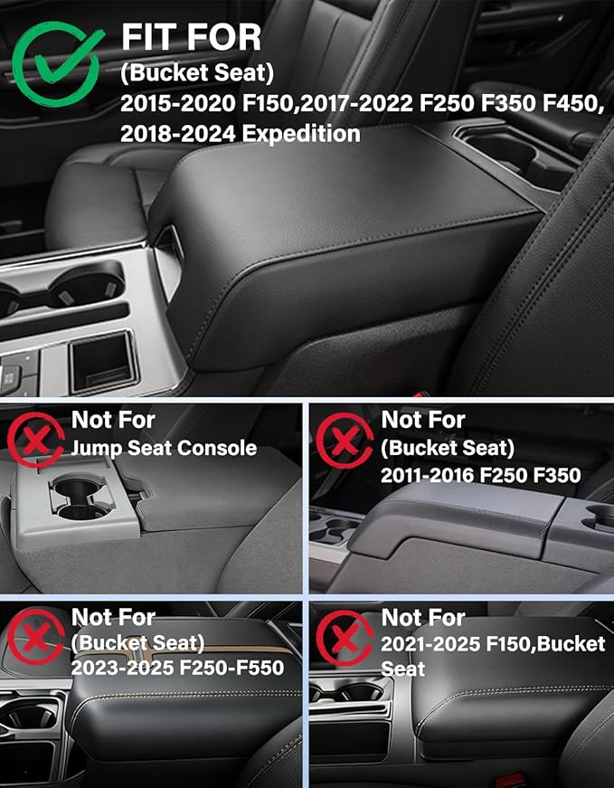Center Console Armrest Cover Compatible with 2015-2020 Ford F150 Accessories, 2017-2022 F250 F350 F450 F550, 2018-2024 Expedition, Anti-Scratch, Black-Red Stitch(Fits Bucket Seat Only)