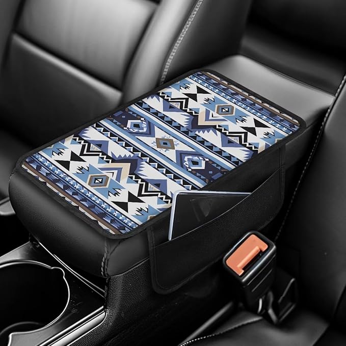 Dreaweet Aztec Armrest Cover for Car Universal Center Console Cover Replacement Blue Southwestern Navajo Tribal Geometric Arm Rest Cover Pad for Truck SUV Car Console Covers with 2 Storage Pockets