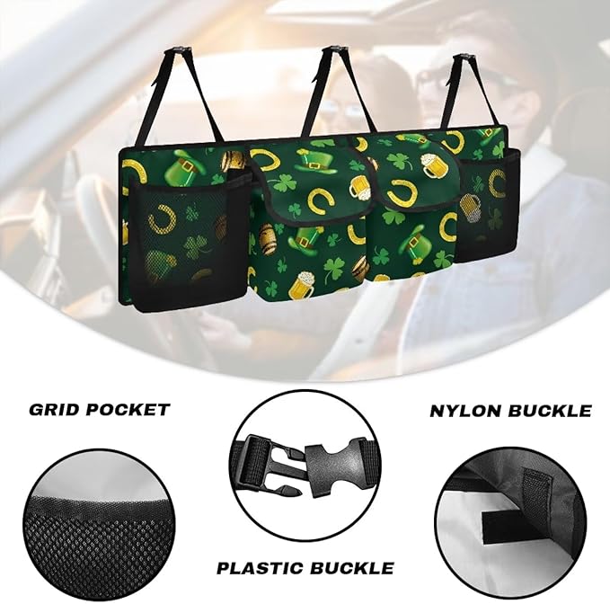 St. Patrick Day Theme Hanging Car Trunk Organizer with Lid Suv Seat Back Storage Bag with Green Hat/Leaves/Beer/Horseshoe Pattern