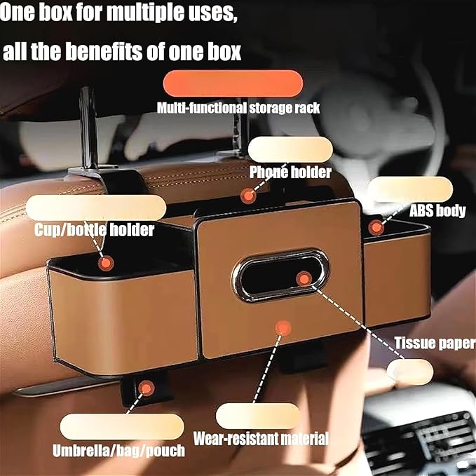 Car Organizers and Storage Box, Car Organizers and Storage Back Seat, With Cup Holder, Tissue Box, Trash Bin & Hooks, Strong Bags Hooks, Large Storage Space (2Pc White)