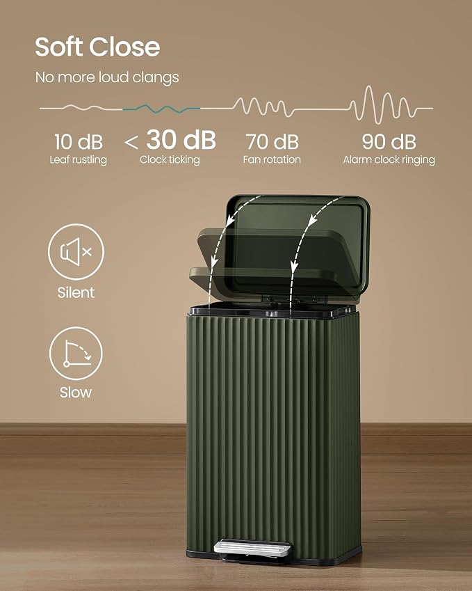 SONGMICS Trash Can, 13 Gallon (50 L) Garbage Can for Kitchen, with Lid, Pedal, and Removable Inner Bucket, Soft Close, Stainless Steel, 15 Trash Bags (Code K) Included, Green ULTB586CZ01