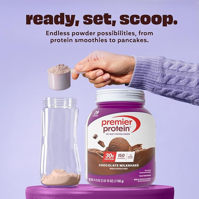 Premier Protein Powder, Chocolate Milkshake, 30g Protein, No Added Sugar, 100% Whey Protein, Keto Friendly, Soy & Gluten Free, 24.5 oz (17 Servings)