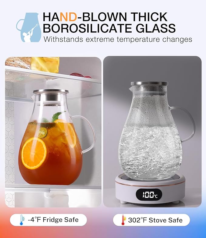 LUNA & MANTHA Glass Pitcher with Lid, 86oz Glass Water Pitcher, Large Hot Cold Water Jug, Borosilicate Drink Jug for Iced Tea, Sangria and Coffee Beverage Carafe with 2 Silicone Rings