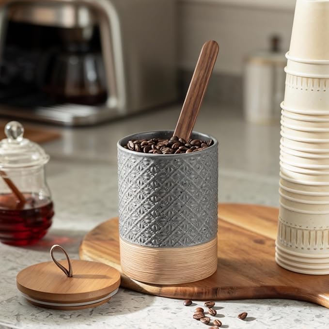 Coffee Container Jar with Lid, Ceramic Food Storage Jars for Spice Sugar Cookie, Large Kitchen Canisters for Countertop Coffee Bar Accessories Housewarming Weeding Gift - Gray & 28 fl.oz