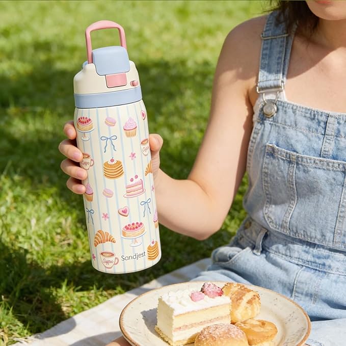 Desserts Stainless Steel Water Bottle, Vacuum Insulated, Push-Button Lid, 32 oz, Gifts for Women Girls Friends Teens Birthday Christmas