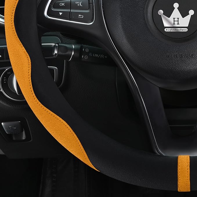 Luxury Suede Steering Wheel Cover for Cars, Soft Leather Padded Wheels Cover for Sedan, SUV, Thin Car Handle Cover, Universal Fit, Anti Slip, 14.75-15.15in, Orange
