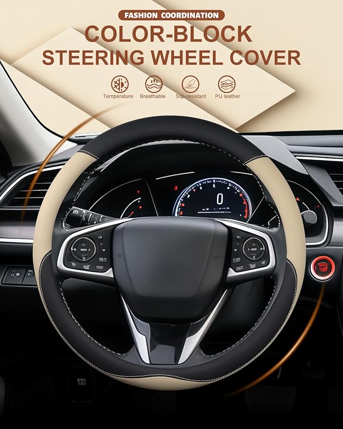 Leather Steering Wheel Cover for Honda Civic, 14.5-15 Inch Breathable Car Steering Wheel Protector, Premium Automotive Interior Accessories Compatible with Honda All Model (Beige)