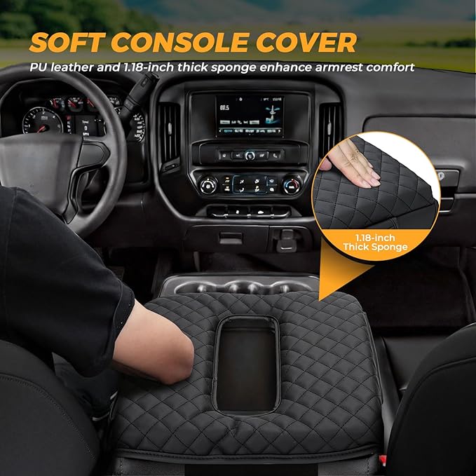 FUNY Center Console Cover Compatible with 2014-2018 Silverado Sierra, Middle Console Cover Lid, Car Arm Rest Covers Cushion Pad, Bucket Seat Middle Console Armrest Box Leather Protective Cover