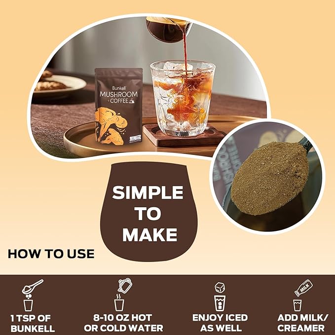 Mushroom Coffee, Adaptogenic 6 Mushrooms with Lion's Mane, Reishi, Cordyceps, Shiitake, King Trumpet & Turkey Tail, Instant Coffee Powder for Energy, Digestion & Immune Support, 50 Servings