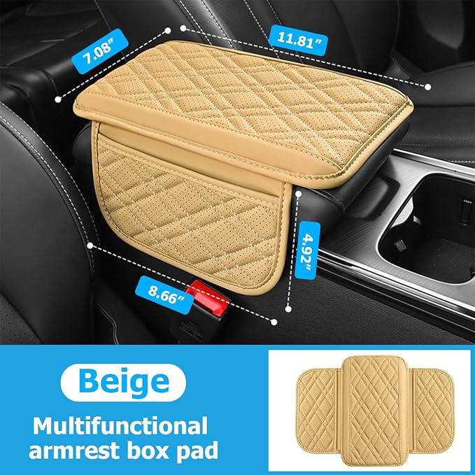 Mandark Car Center Console Cover, 2PCS Leather Vehicle Arm Rest Cushion with 2 Storage Bags, Automotive Armrest Interior Seat Box Pad Accessories, Universal for SUV, Sedan, Truck (Beige)