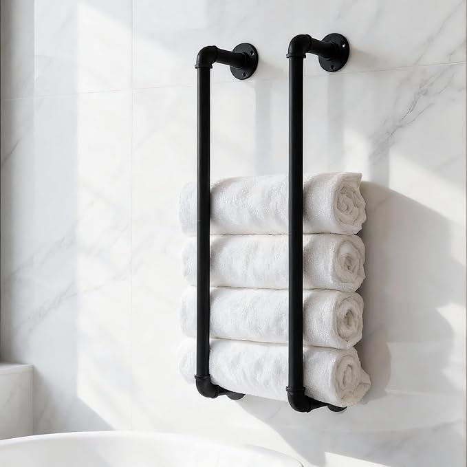 Towel Racks for Bathroom Wall Mounted 24 Inch,Industrial Pipe Towel Storage Organizer Towel Holder(Black)