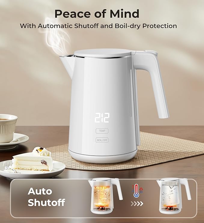 Electric Kettle, 1.0L 1200W Fast Heat with Auto Shut-Off, Boil-Dry Proof, 7 Temperature Control Teapot, Double Wall Stainless Steel Water Boiler Heater, 4H Keep Warm, Cool Touch Coffee Tea Pot, White
