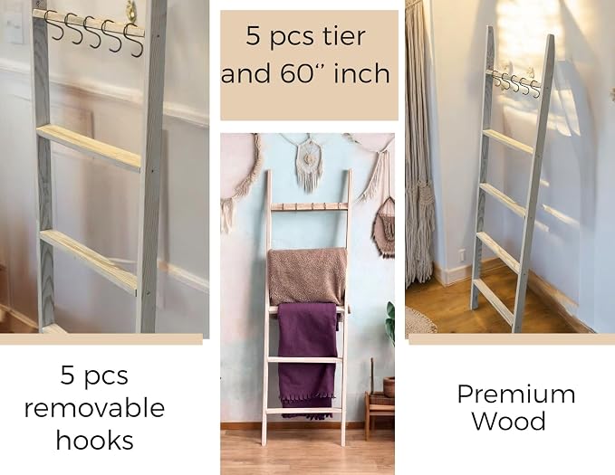 Emir&Odin Blanket Ladder – 5 Tier 60’’ inc Wooden Blanket Ladder, Living Room Home Decor, Wall Decorative Shelves, Livingroom Furniture (Rustic White)