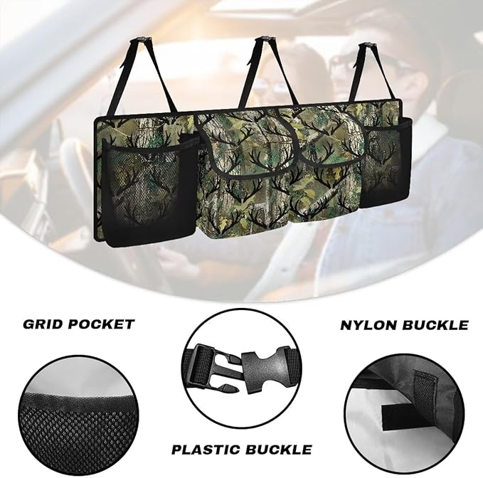 Camouflage Antler Tree Car Trunk Organizer SUV with 3 Non-slip Strips, Back Hanging Car Storage Organizer with Pockets, Auto Accessories Interior Decoration