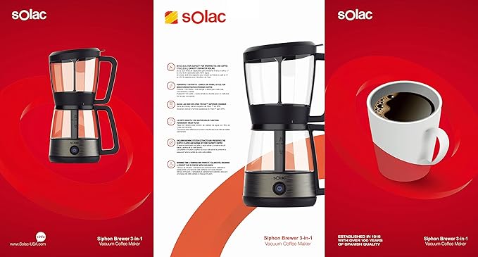 SOLAC SIPHON BREWER 3-in-1 Vacuum Coffee Maker, Tea Brewer & Water Boiler, Brushed Stainless Steel and Black, 30 oz