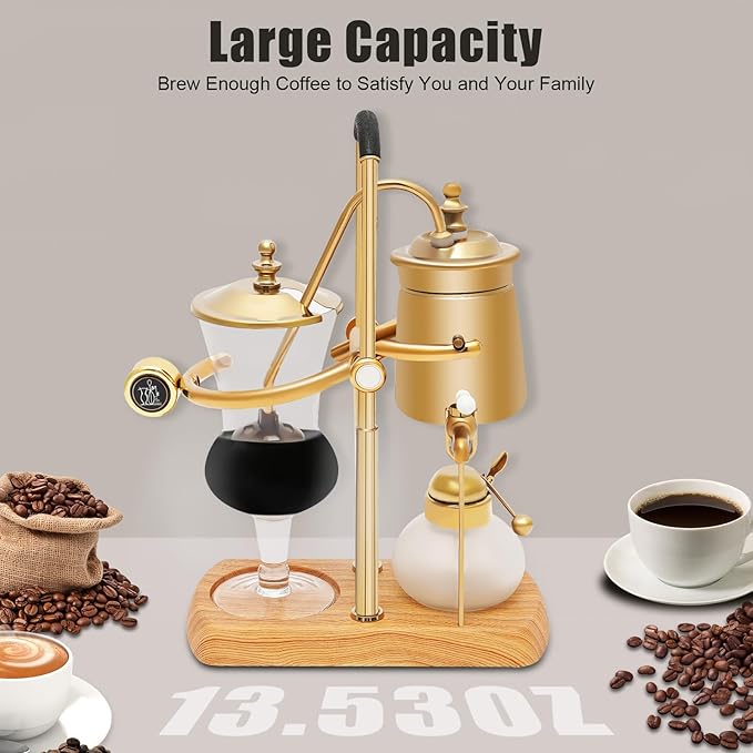 Belgian Family Balance Siphon Coffee Maker, Elegant Double Ridged Fulcrum with Tee Handle (Classic Gold)