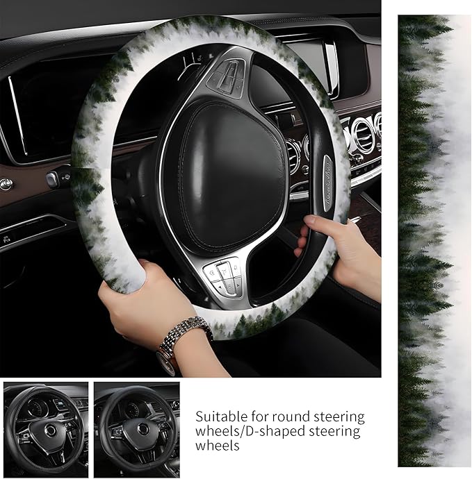 Steering Wheel Covers for Car, Truck, and SUV, Cute Non-Slip Breathable Elastic Steering Wheel, Car Accessories, Universal 15 Inch Leather Cover for Men Women Green Forest