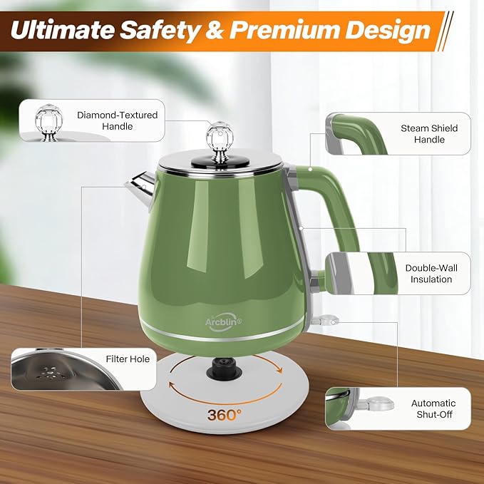 Retro Electric Kettle 1.8L, All Stainless Steel Hot Water Electric Kettle for Boiling Water, BPA Free Tea Kettle, 1350W Fast Boil, Auto Shut Off & Boil-Dry Protection