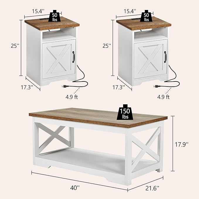 3-Piece Farmhouse Living Room Table Sets, Includes 1 x Coffee Table, 2 x End Tables with Charging Station & USB Ports, Rustic Coffee Table Set of 3, Distressed White