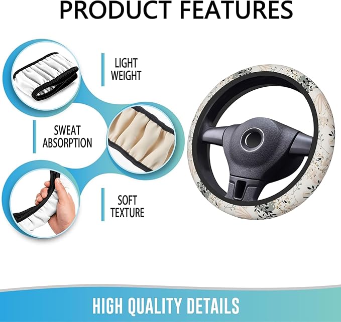 Elastic Steering Wheel Cover Car Accessories Cute Universal 15 Inch Absorbing Sweat Non-Slip Breathable for Man Woman - Boho Leaves