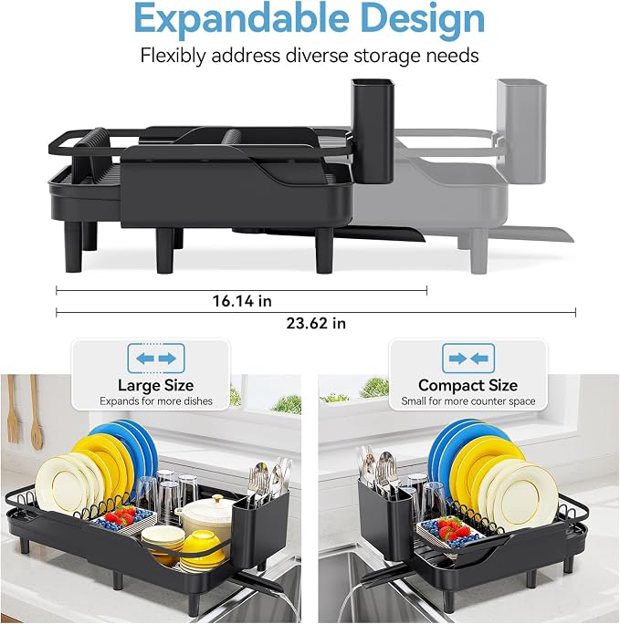 Urackify Expandable Dish Rack for Kitchen Counter,16.14"-23.62" Large Dish Drying Rack with Adjustable Water Spout, Space Saving Dish Drainer with Auto Draining Cutlery Holder, Matte Black