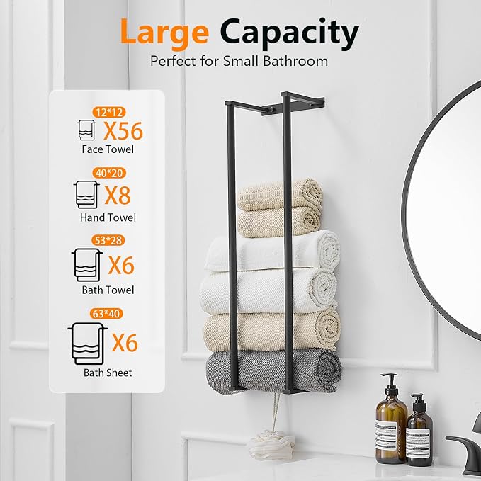 BWE Matte Black Towel Racks for Bathroom, 28" Stainless Steel Bathroom Towel Holder for Rolled Towels, Wall Mounted Towel Storage for Bathroom with 2 Hooks, 6 Large Bath Towels Capacity