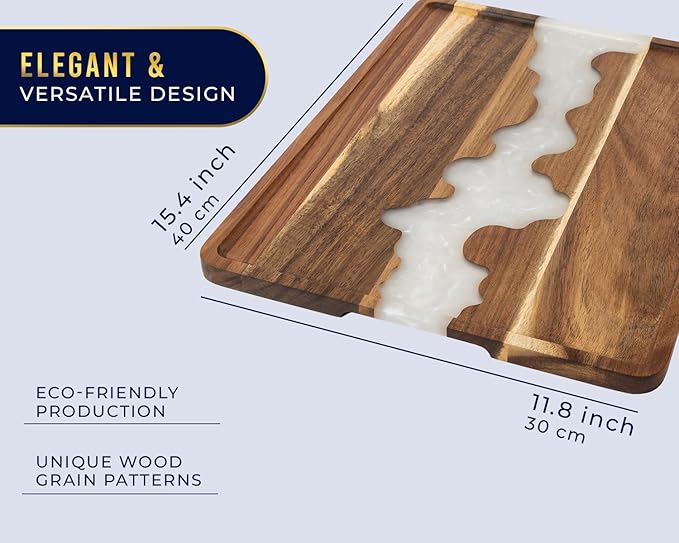 Comfify Visually Stunning Pearl White Resin + Acacia Wood Serving Tray - Modern 12x16 Serving Tray for Food, Breakfast in Bed, Coffee Table, Decor, Organization, Snacks, Patio, Lap Tray