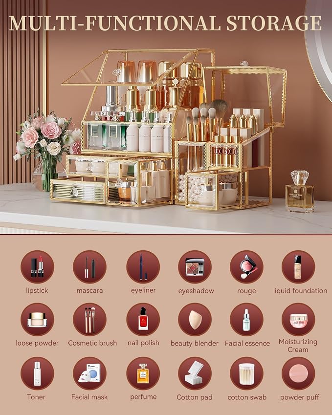 CoralHouse Makeup Organizer with Lid, 3-Piece Clear Glass Vanity Organizer with Gold Frame, Cosmetic Display Case for Perfume, Skincare, Lipsticks, Brushes and Bathroom Countertop