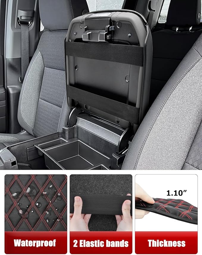 KBH Center Console Armrest Cover for Chevy Silverado & GMC Sierra 2019-2026, Tahoe & Suburban & Yukon 2021-2026 Bucket Seat, Vinyl Leather Trim, Black-Red Double Stitch